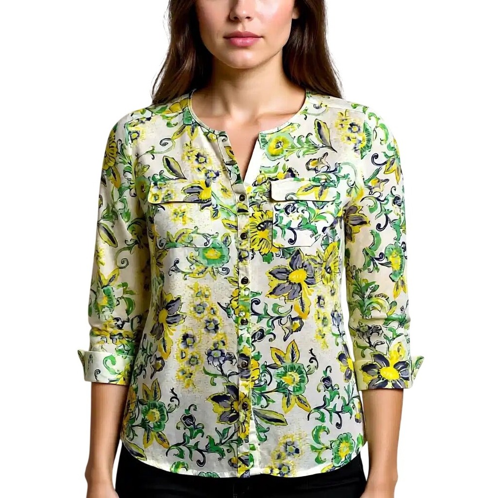 JM Collection Womens Yellow Green Floral 100% Linen‎ Button Down Shirt Size 8